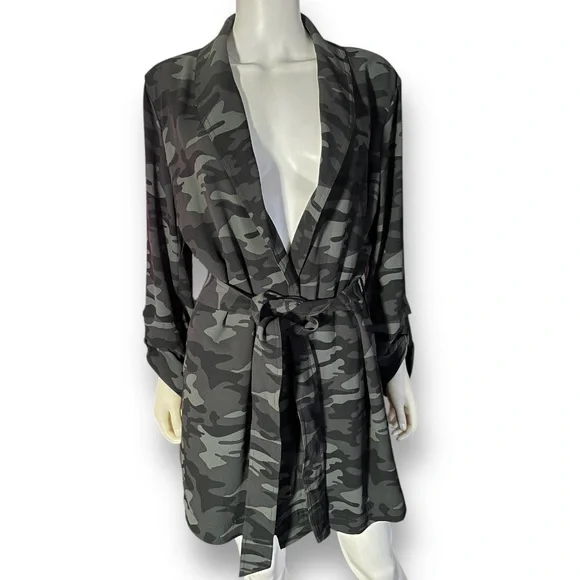 500 Maison Cinqcent Black Gray Camo Print Lightweight Belted Trench Jacket XL - Picture 2 of 9